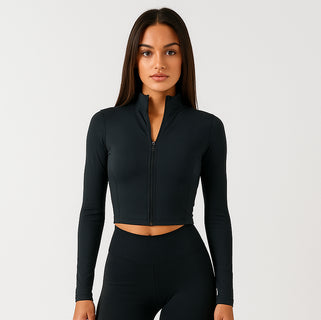 Women's Black Cropped Athletic Zipper Jacket