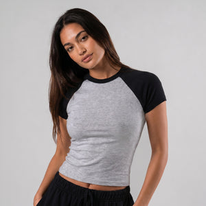 heather gray and black wholesale baby tee raglan women's
