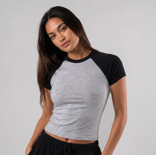 heather gray and black wholesale baby tee raglan women's
