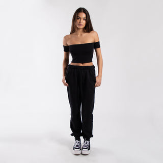 Women's Black Off Shoulder Cropped Tee